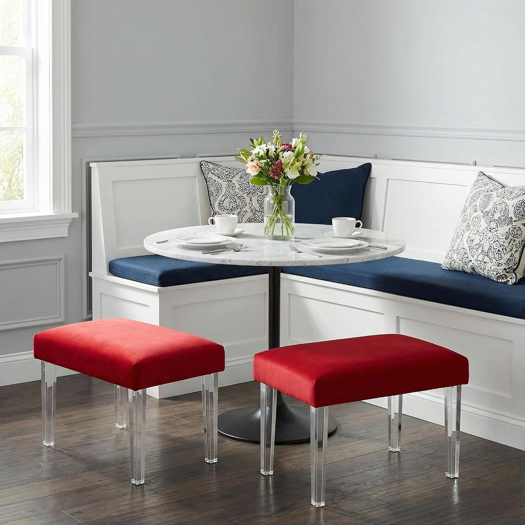 Cortesi Home Whitecrest Bench Ottoman with Clear Acrylic Legs 24' Wide Red Velvet