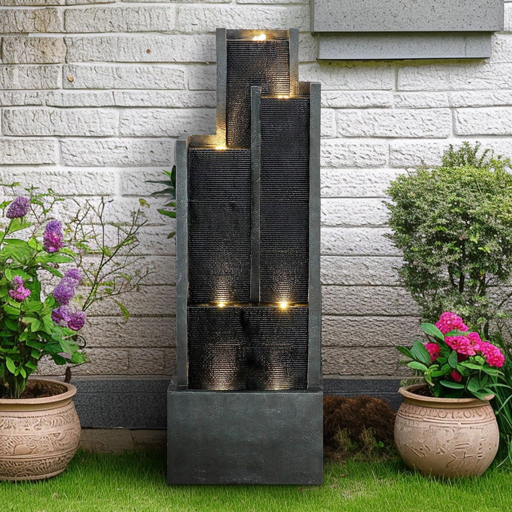 SunJet 4-Tier Modern Cascading Indoor/Outdoor Fountains and Waterfalls with LED Lights - 50.7' High Larger Water Fountain for Garden, Patio, Yard, and Deck Decor - Relaxing Water Fountain Outdoor
