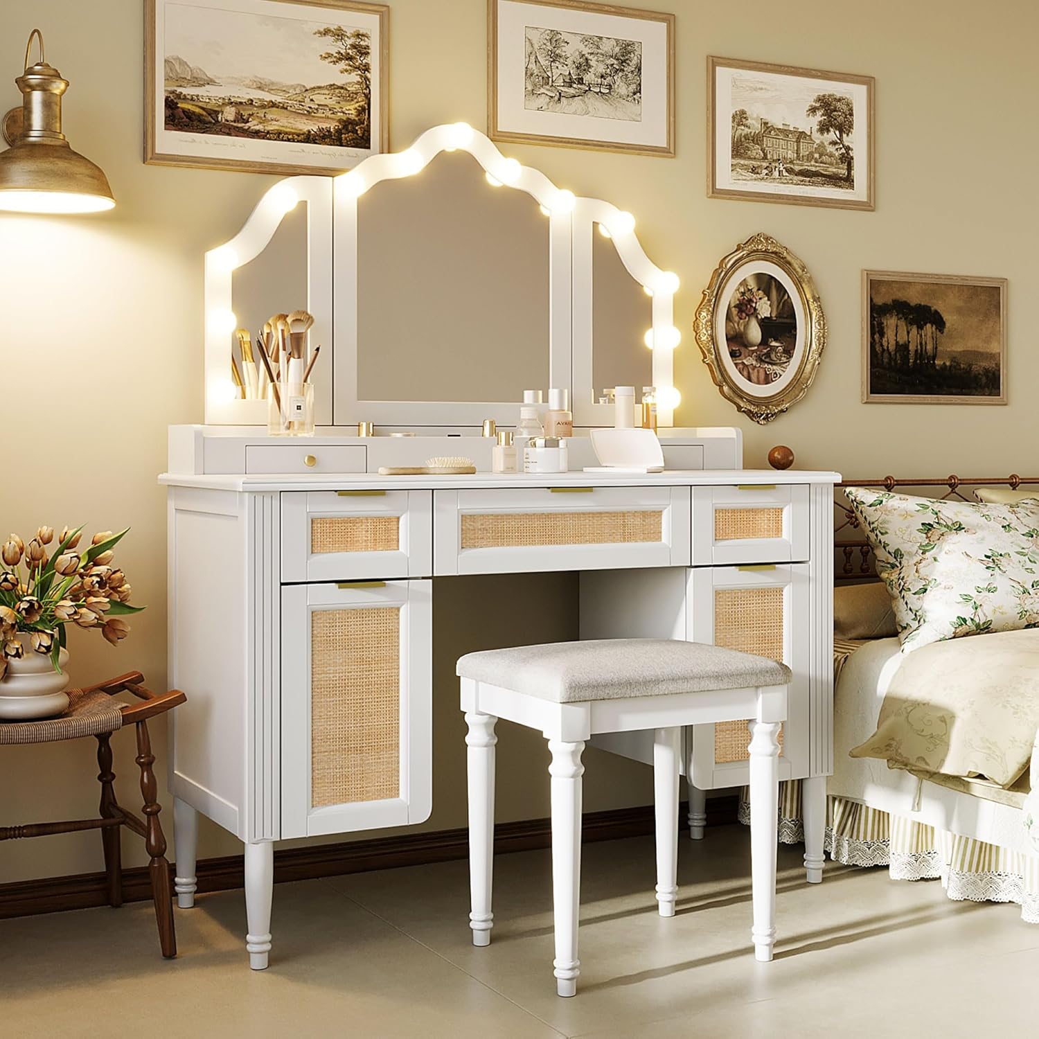 JIJIWANG 44.37' Makeup Vanity Desk with 13 Hollywood Bulbs and 3 Lighting Modes, Dressing Table with Tri-Fold Mirror, Large Vanity Table with 5 Drawers and Shelves and 2 Cabinets for Bedroom, White