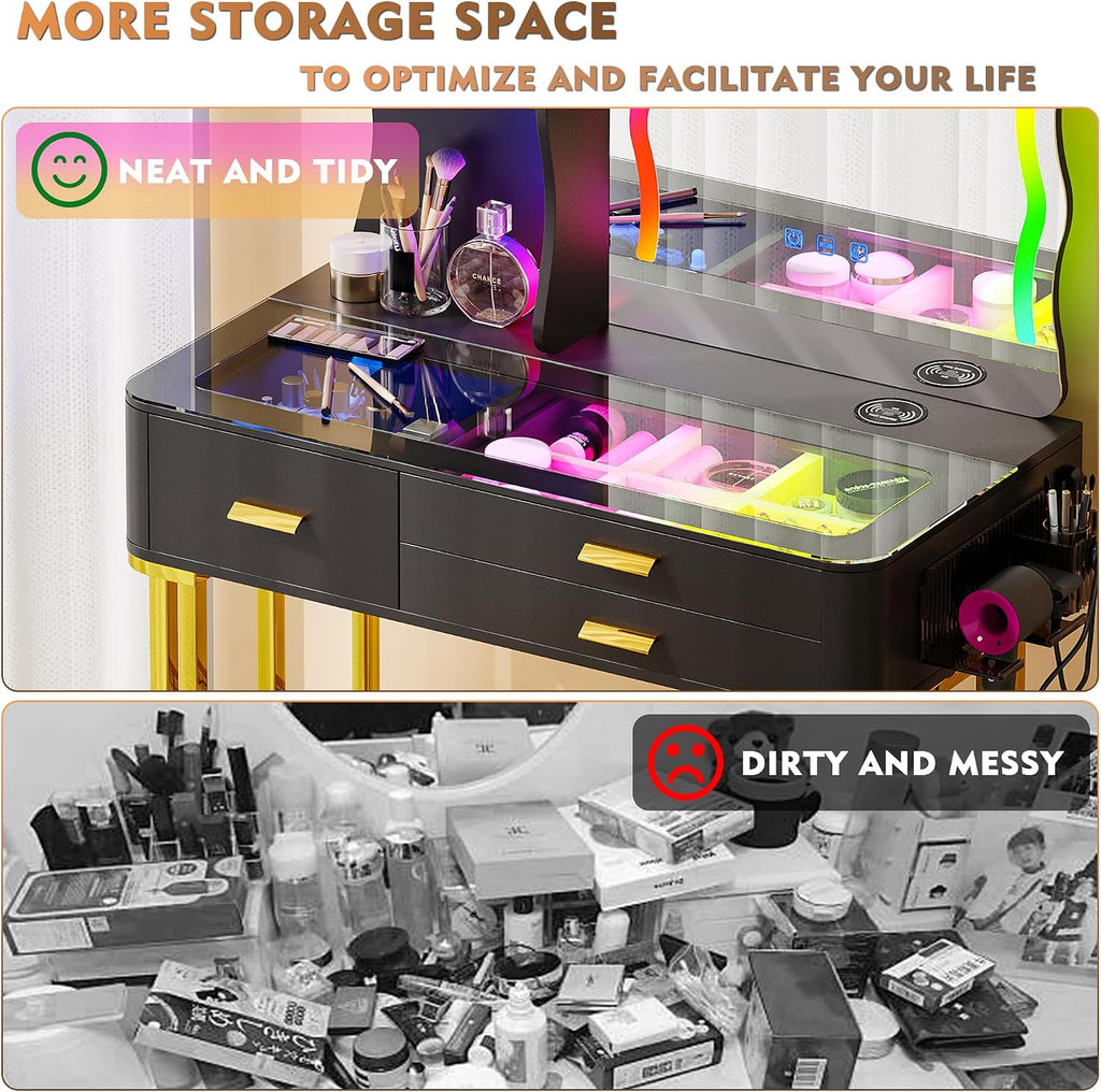 RGB Makeup Vanity Desk with Wireless Charging Station,7 Dynamic and 7 Static Dimmable Vanity Table with Visible Glass Top,Auto Sensor LED Make up Vanity with Mirror and Lights,Stool