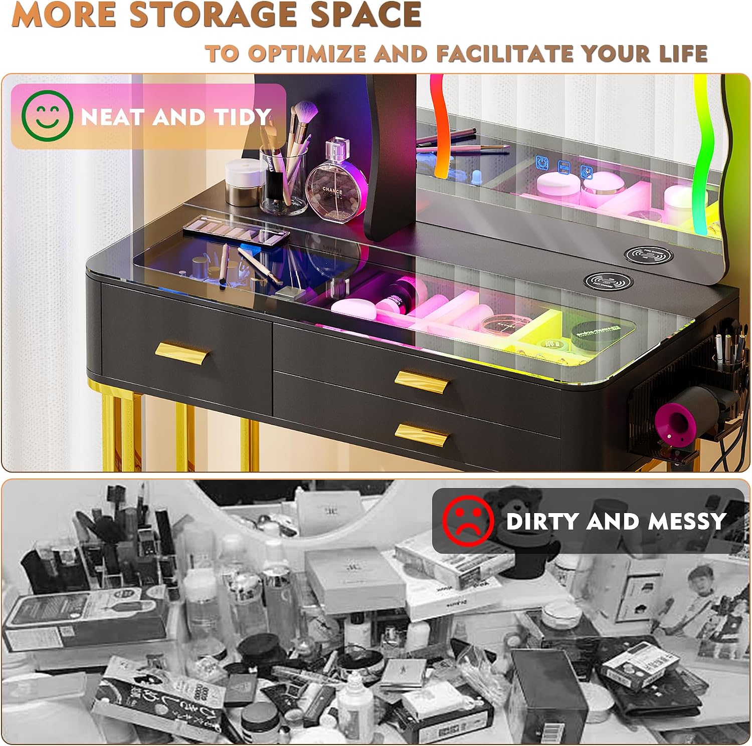 RGB Makeup Vanity Desk with Wireless Charging Station,7 Dynamic and 7 Static Dimmable Vanity Table with Visible Glass Top,Auto Sensor LED Make up Vanity with Mirror and Lights,Stool