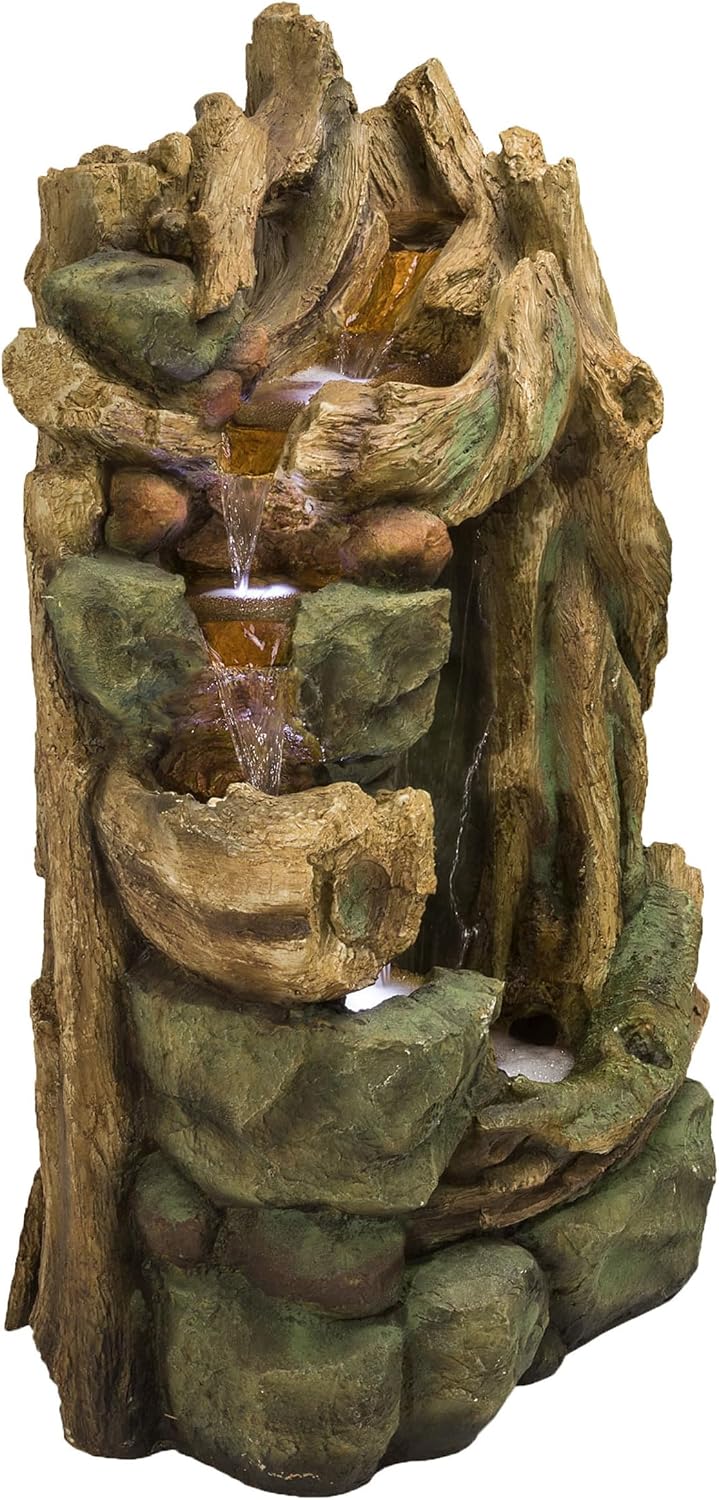 Alpine Corporation TZL200 Outdoor Side Tiering Garden Floor Rainforest Water Fountain with LED Lights, 55', Brown