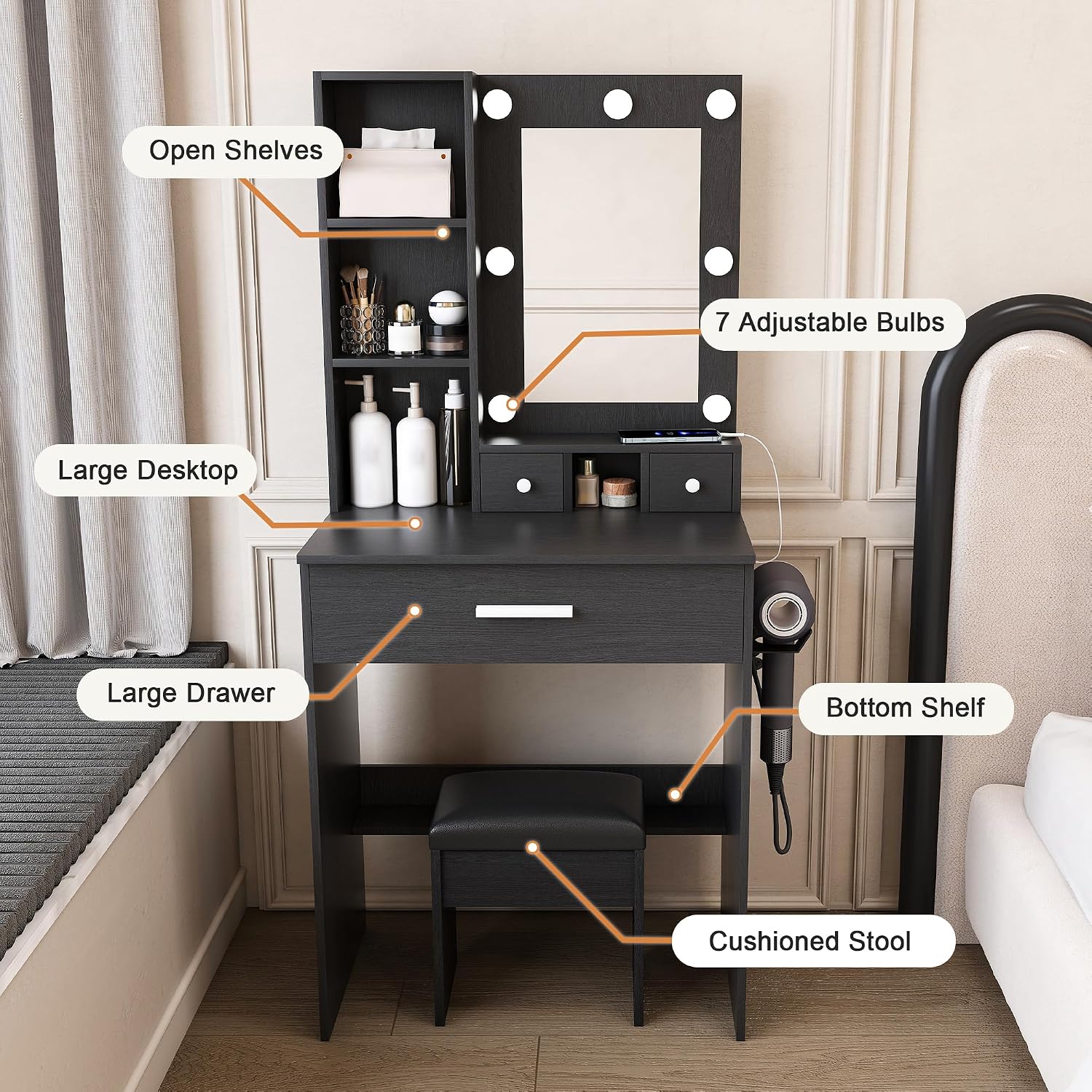 Runboll Small Vanity Desk with Mirror and Lights, Compact Makeup Vanity with Power Strip & Hairdryer Holder, Dressing Table Set with Stool, Drawers & Shelves