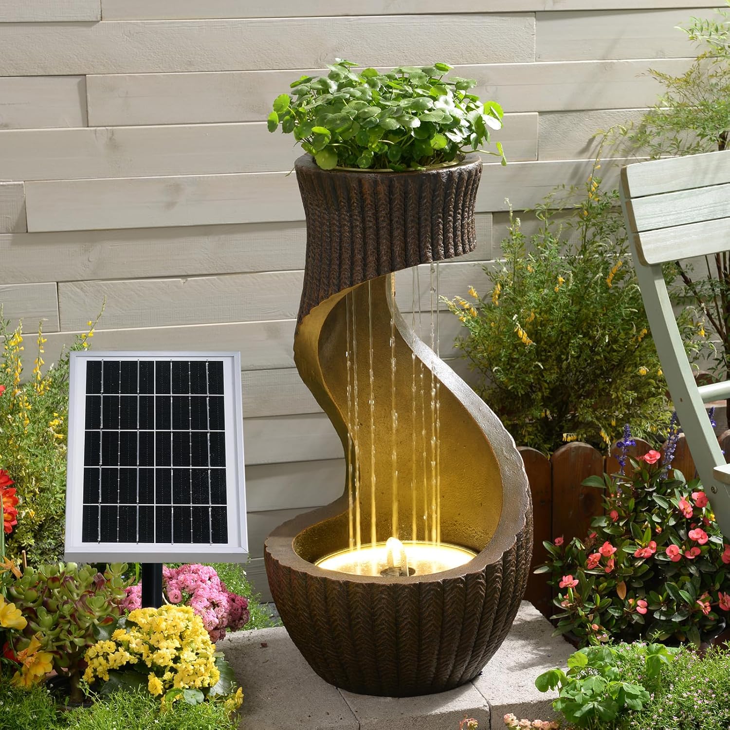 Solar Water Fountain Outdoor with LED Lights & Planter, 26.8' Modern S-Shaped Waterfall Fountain with Battery Backup, IP64 Weatherproof Resin Floor Fountain for Garden, Patio, Porch, and Home Decor