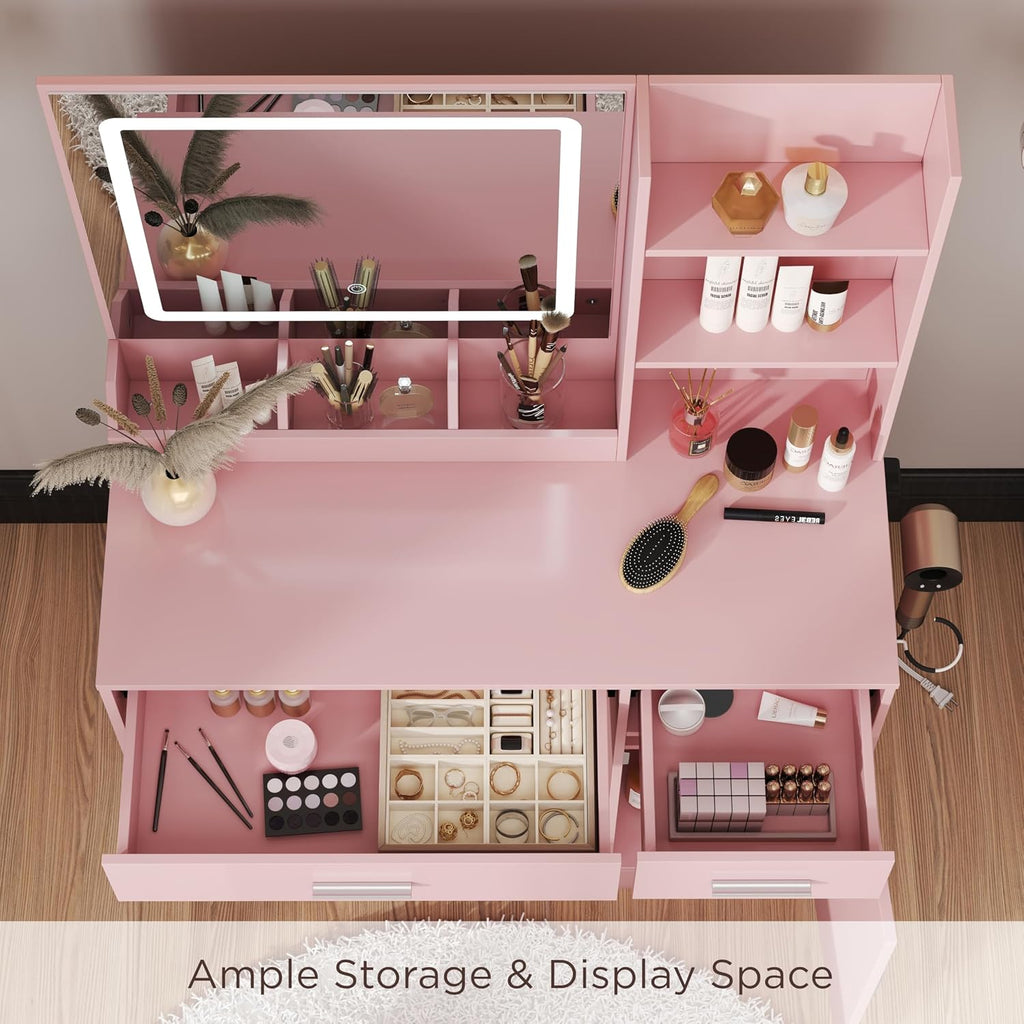 Roundhill Furniture Lavin Makeup Vanity Set, Vanity Desk with Stool, LED Light Mirror and Charging Station, Pink