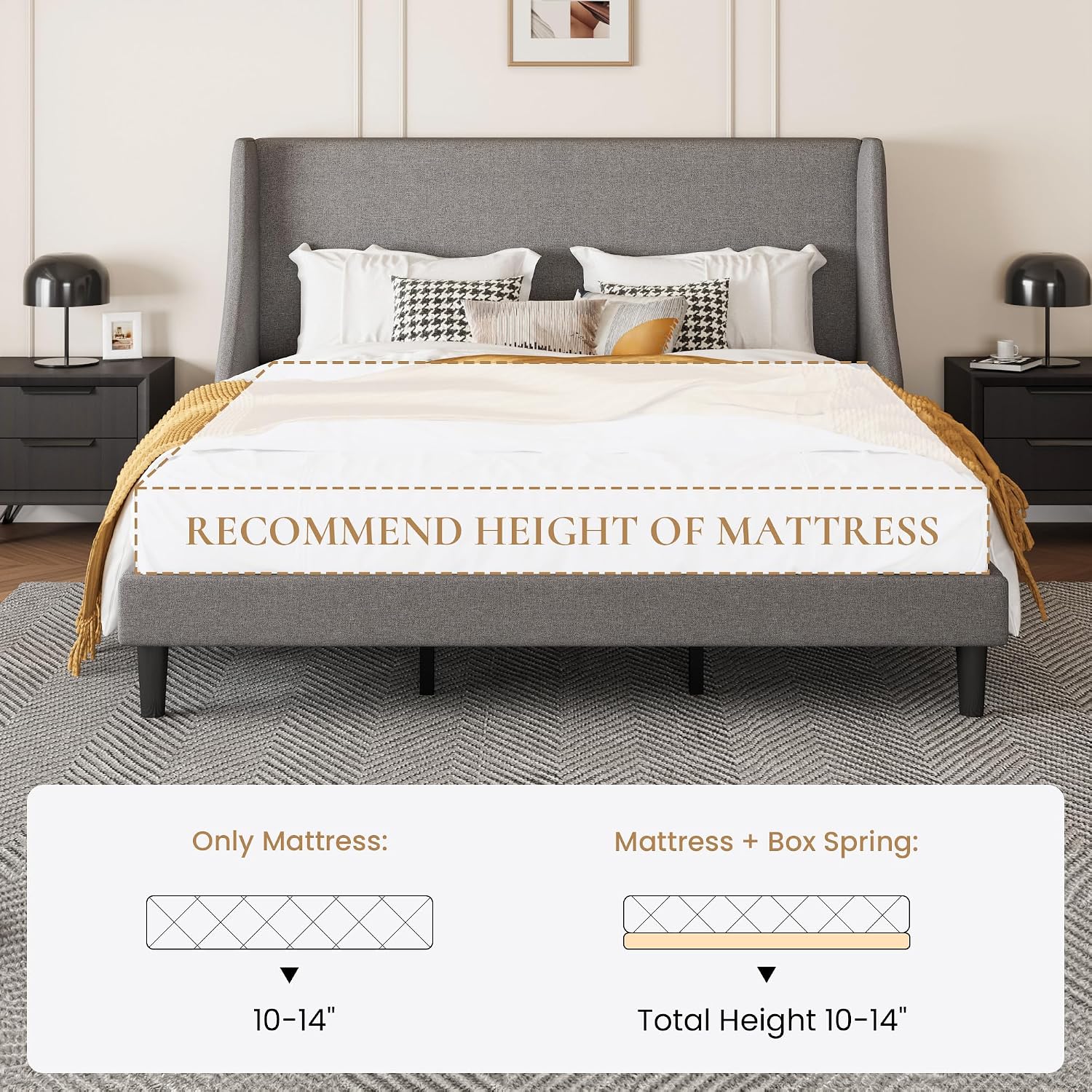 SHA CERLIN Upholstered Bed Frame King Size with Streamlined Wingback Headboard, Breathable Linen Fabric, Solid Wooden Slats, Easy Assembly, Light Grey