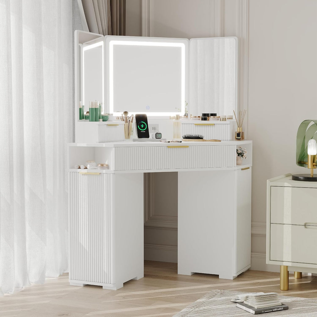 Garvee White Corner Vanity, Corner Vanity Desk with Mirror and Lights, Fluted Makeup Table with Charging Station, Drawers, Storage Cabinets