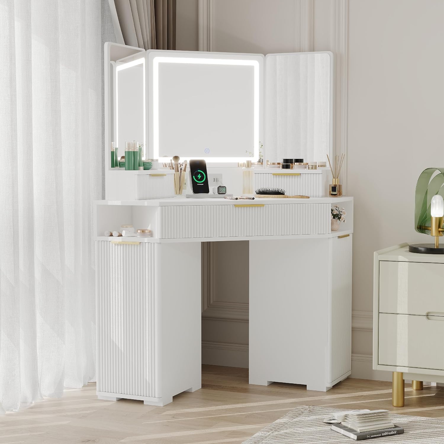 Garvee White Corner Vanity, Corner Vanity Desk with Mirror and Lights, Fluted Makeup Table with Charging Station, Drawers, Storage Cabinets