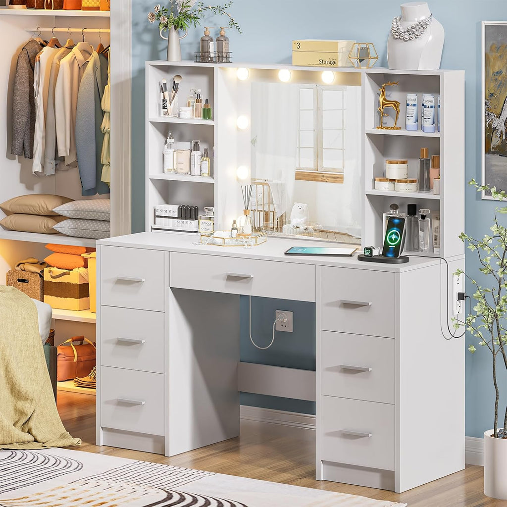 Vanity Desk with Lighted Mirror & Power Outlet, Makeup Vanity with 7 Drawers and 6 Storage Shelves, Bedroom Dressing Table with 3 Lighting Modes & Brightness Adjustable for Girls, Women, White