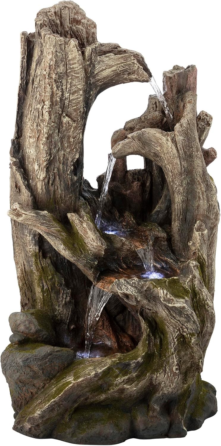Alpine Corporation 40' Tall 4-Tier Rainforest Tree Trunk Waterfall Fountain with LED Lights, Outdoor Garden, Patio, Yard, and Porch Water Feature Decor