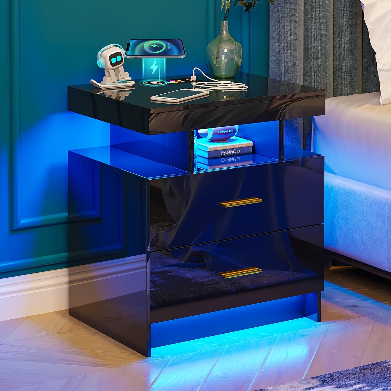 WOOVIVS Night Stand Set 2 with USB/Type-C/Wireless Charging Station, Blakc Nightstands with RGB Auto LED Lights, Modern Bedside Table Set of 2 with 2 Drawers for Bedroom Furniture