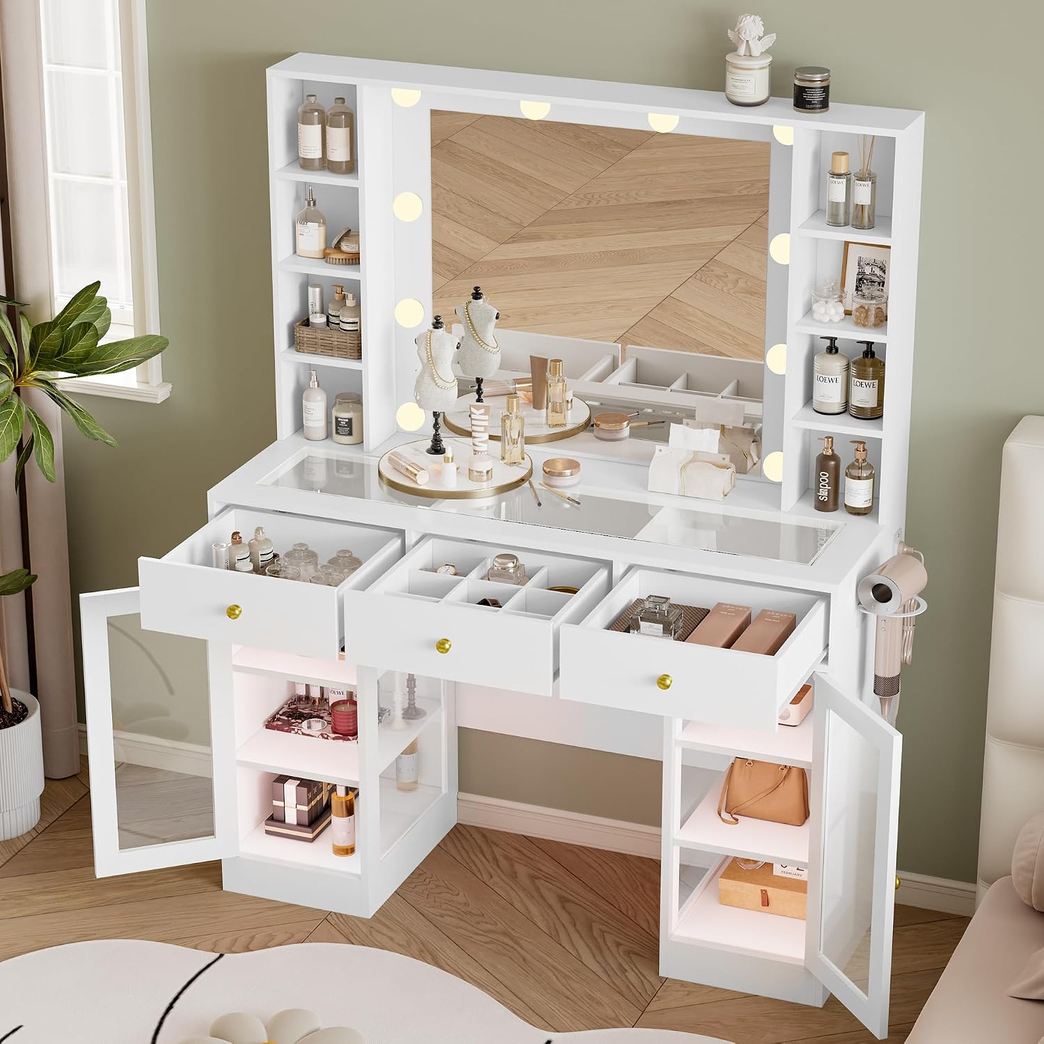 Wodeer Makeup Vanity Desk with Mirror and Lights, White Vanity with Glass Top, LED Lights & Power Outlet, 3 Drawers & 2 RGB Glass Cabinets, Adjustable Lighted Dressing Table for Women & Girls Bedroom