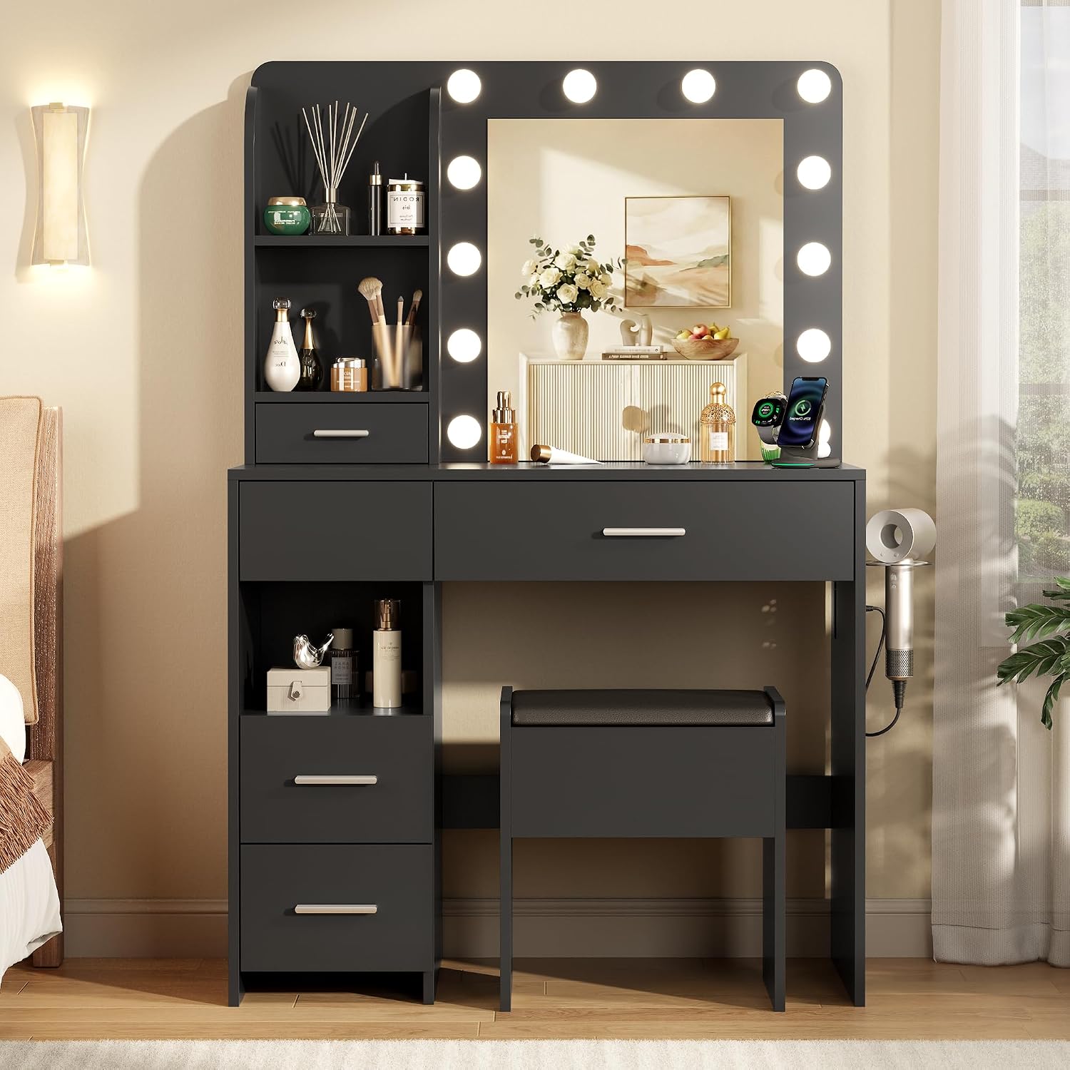 Vanity Desk with Mirror and Lights, 3 Adjustable Lighting Makeup Vanity Desk with 3 Storage Shelves, 5 Large Drawers and Power Outlet, Vanity with Chair for Bedroom, Black