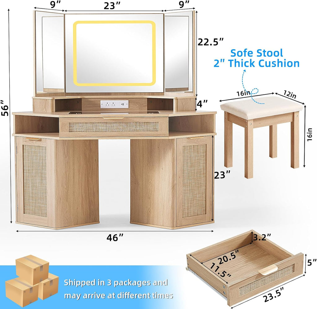 Lerliuo LEYAOYAO Fluted Makeup Vanity Desk with Mirror and Lights, 43.5'' Blue Vanity Table with Glass Top and Power Outlet, Make Up Vanity with 6 Drawers and Adjustable Shelves for Bedroom