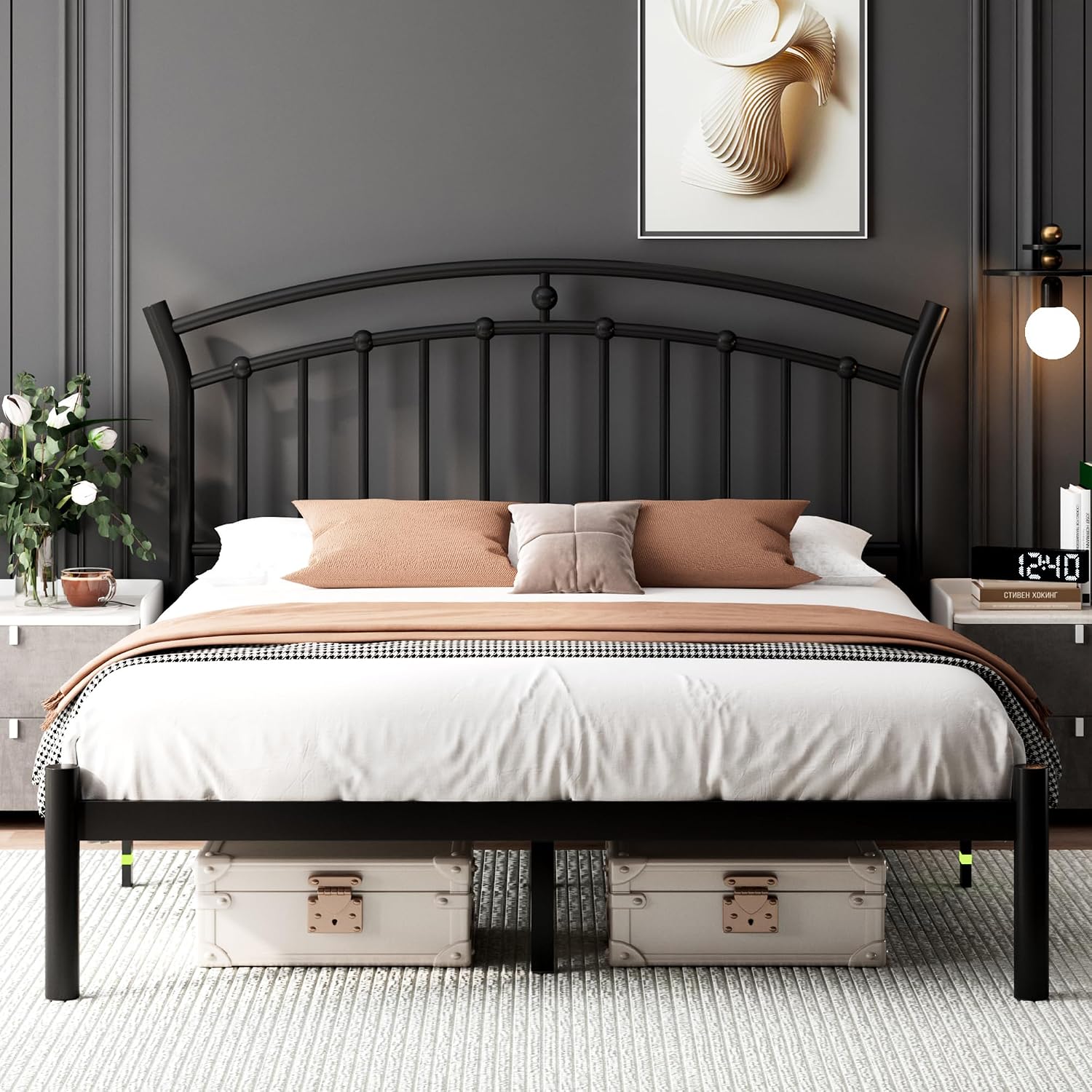 Feonase Queen Black Bed Frame, Heavy-Duty Metal Bed Frame with 13 Hardened Steel Slats, 12' Under-Bed Storage, Noise-Free, Easy Assembly