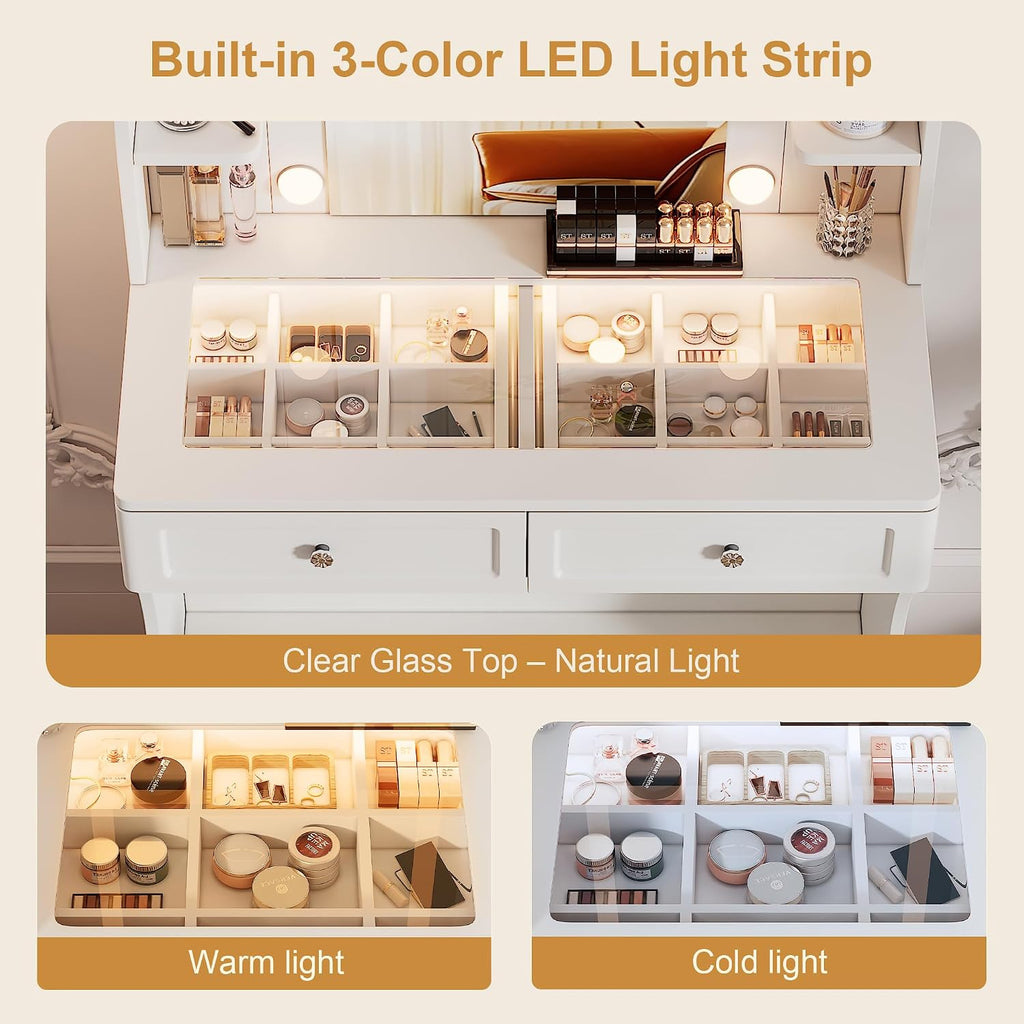 KDCAS Vanity Desk with Mirror and Lights | 31.5' Modern Glass Top Makeup Vanity Set with 2 Drawers & Hidden Storage Stool | Small Space Dressing Table for Bedroom(White)