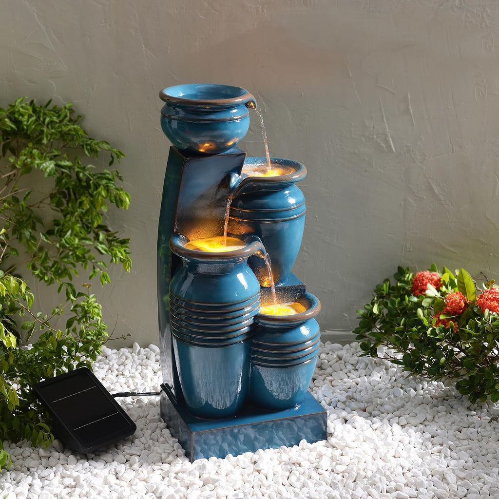 Teamson Home 28.7' 4-Tier Cascading Bowl Solar Powered Water Fountain for Outdoor Living Spaces, Blue