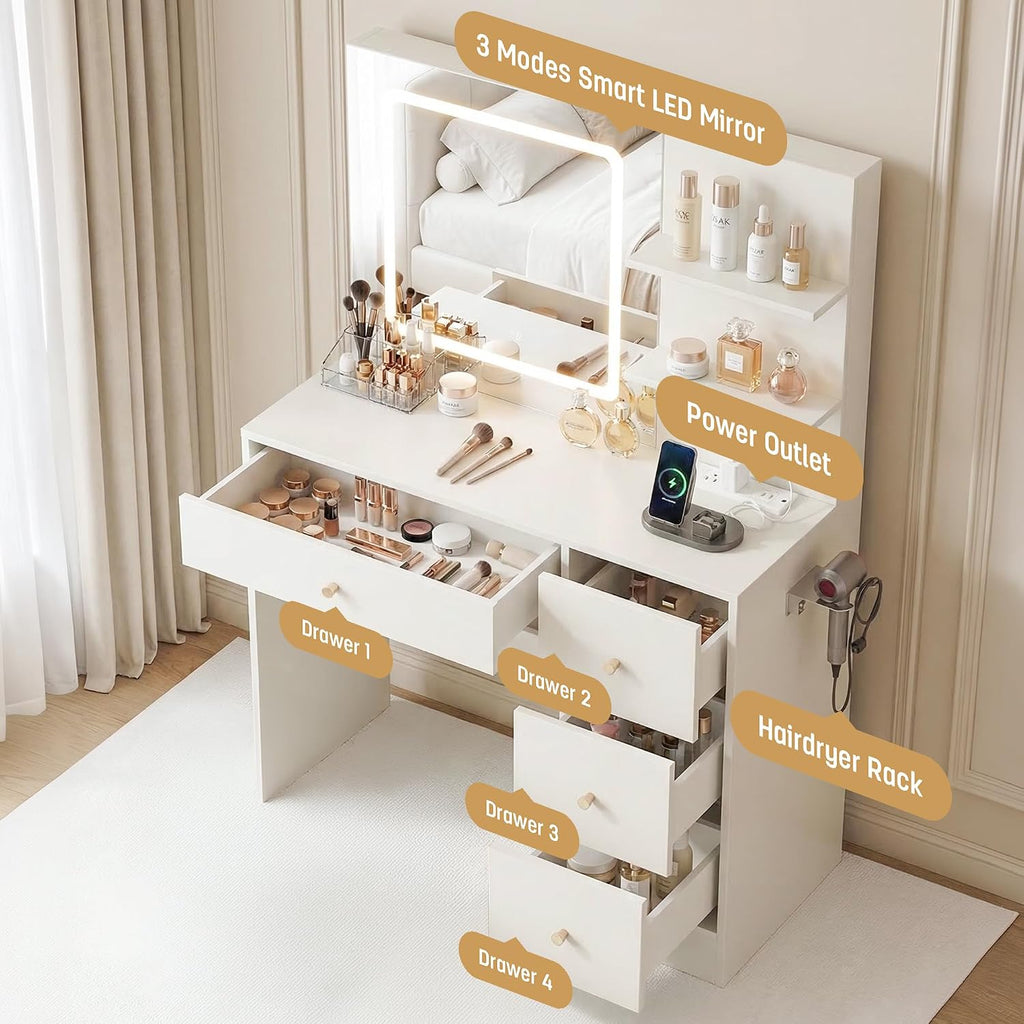 Makeup Vanity Desk with Mirror and Lights, 37' White Vanity Desk with Power Outlet & USB, 3 Modes Dimmable LED Mirror with 4 Drawers, Modern Vanity Table for Bedroom