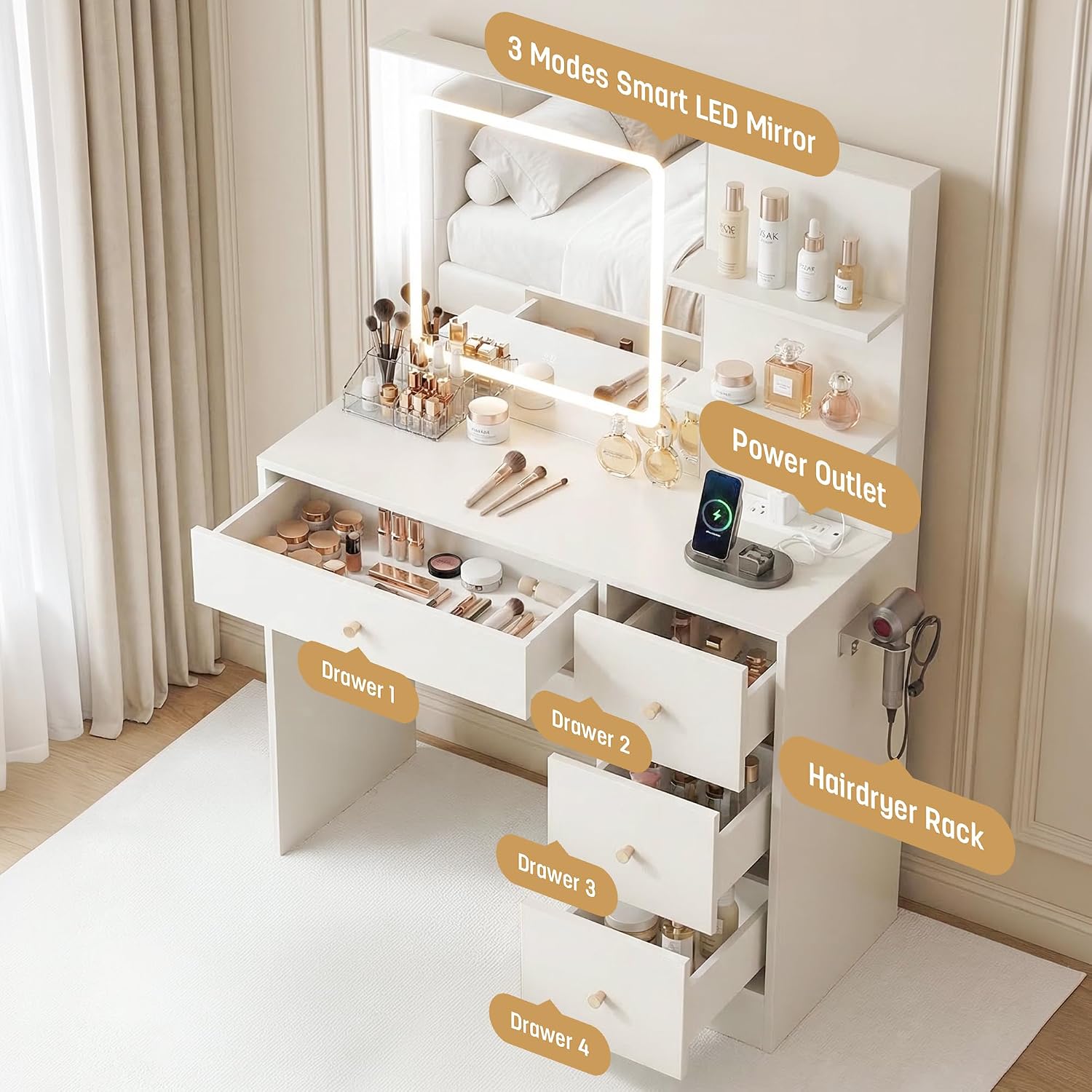 Makeup Vanity Desk with Mirror and Lights, 37' White Vanity Desk with Power Outlet & USB, 3 Modes Dimmable LED Mirror with 4 Drawers, Modern Vanity Table for Bedroom