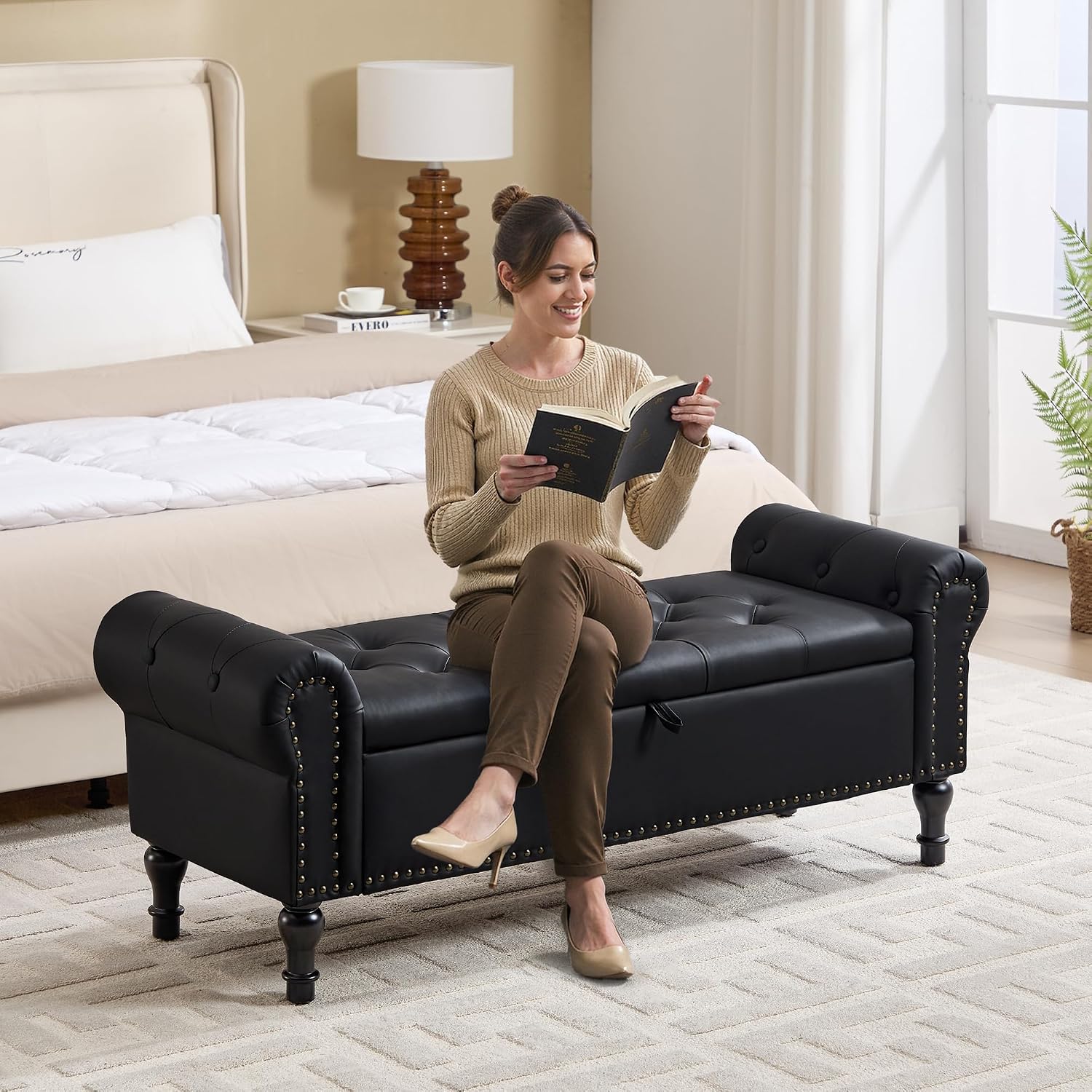Storage Bench for Bedroom, 51' Upholstered End of Bed Bench, Faux Leather Queen Size Benches with Rolled Arms, Tufted Button Storage Long Ottoman, Living Room, Entryway, Black