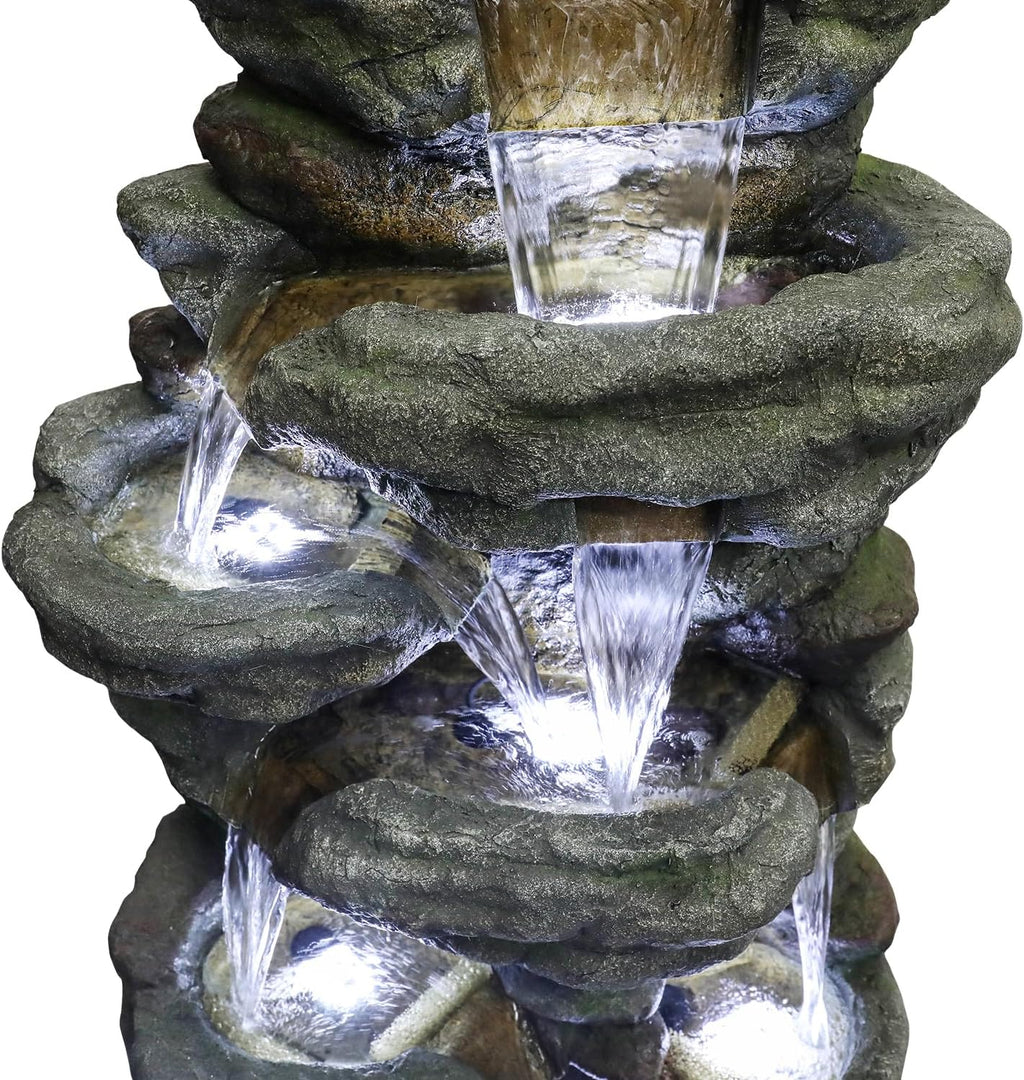 SunJet 51' High Multi-Tiers Cascading Rock Outdoor Water Fountain with LED Lights - Large Outdoor Resin Fountains and Waterfalls for Garden or Patio, Yard, Deck Decor, Featuring Natural Stone Look