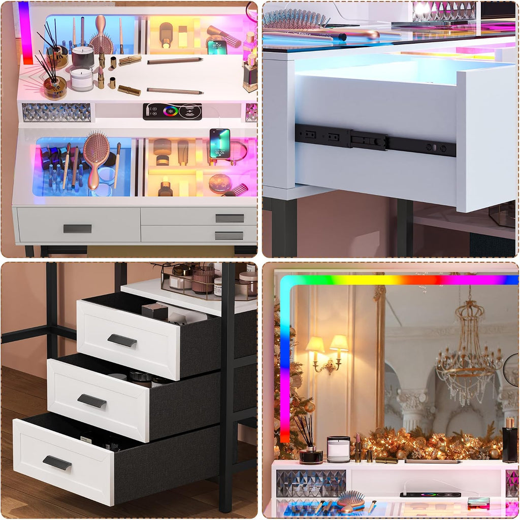RGB Vanity Desk with Mirror and Lights, 7 Dynamic & 24 Static Dimmable Makeup Vanity Set with Wireless/USB/Type C Charging, Dressing Table with Stool & 6 Drawers (White)