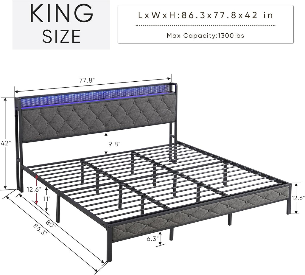 King Size Bed Frame with Storage Headboard, LED Lights and Charging Station, Upholstered Platform Bed with Heavy Metal Slats, Noise Free, No Box Spring Needed, Dark Gray