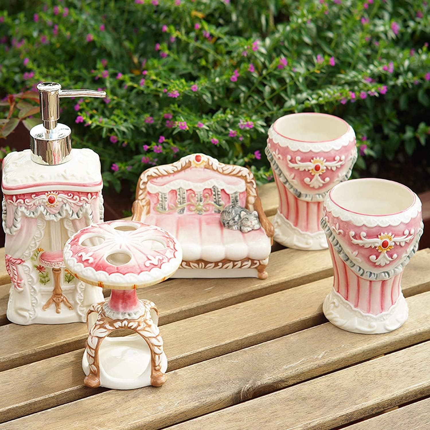 Vanity Bathroom Decor, Bathroom Accessory Set Ceramics 5 Pieces Pink Sweet Style Bathroom Kit for Wedding Housewarming Gift Housewarming Gift