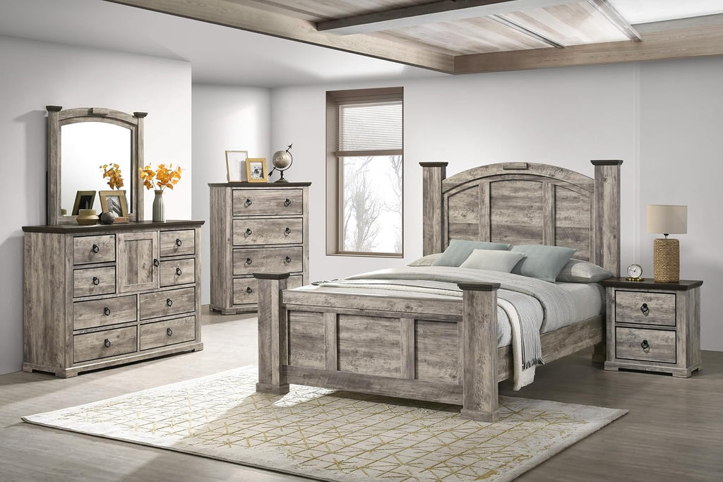 Generic Rustic Gray Poster King Size 6pc Panel Bed Set Storage Wooden Master Bedroom Furniture, Grey