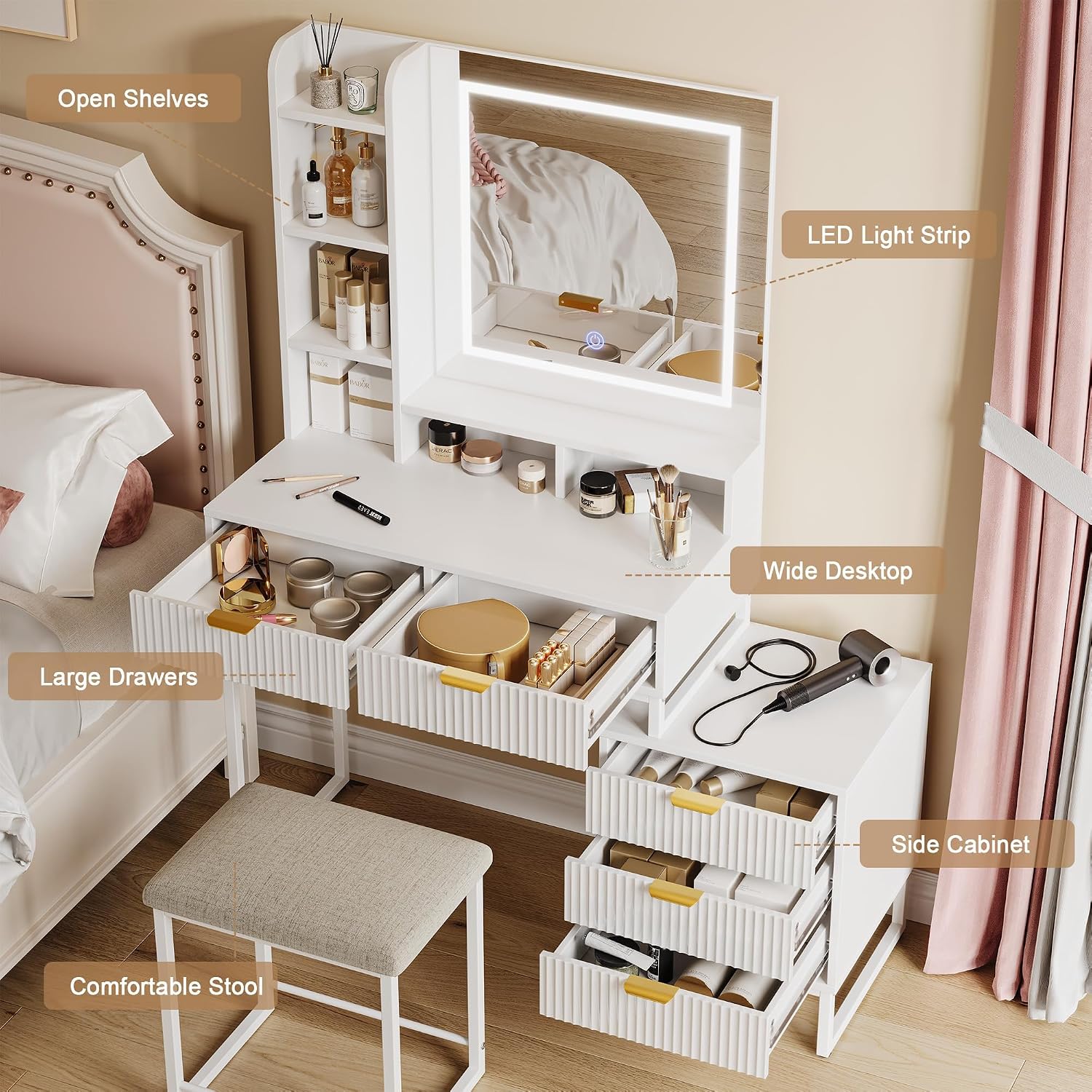Makeup Vanity Desk with Mirror and Lights, Vanity Table Set with 3 Adjustable Lighting Colors, Dressing Table With 5 Large Drawers and Cushioned Stool, White Bedroom Vanity for Girls Women, White