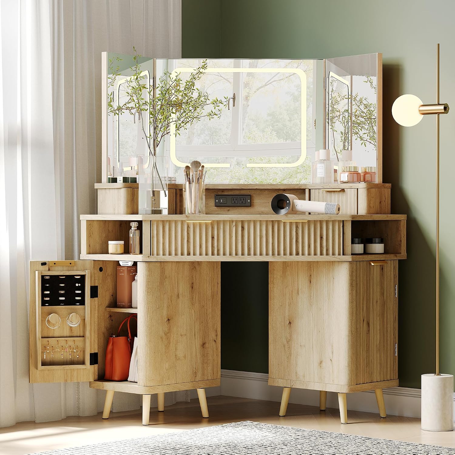 ENSTVER Corner Vanity with Clear Glass Top, 47' Corner Makeup Vanity Desk with Large Mirror and Lights, Fluted Wooden Vanity Wall-Mounted Jewelry Storage for Bedroom, Oak