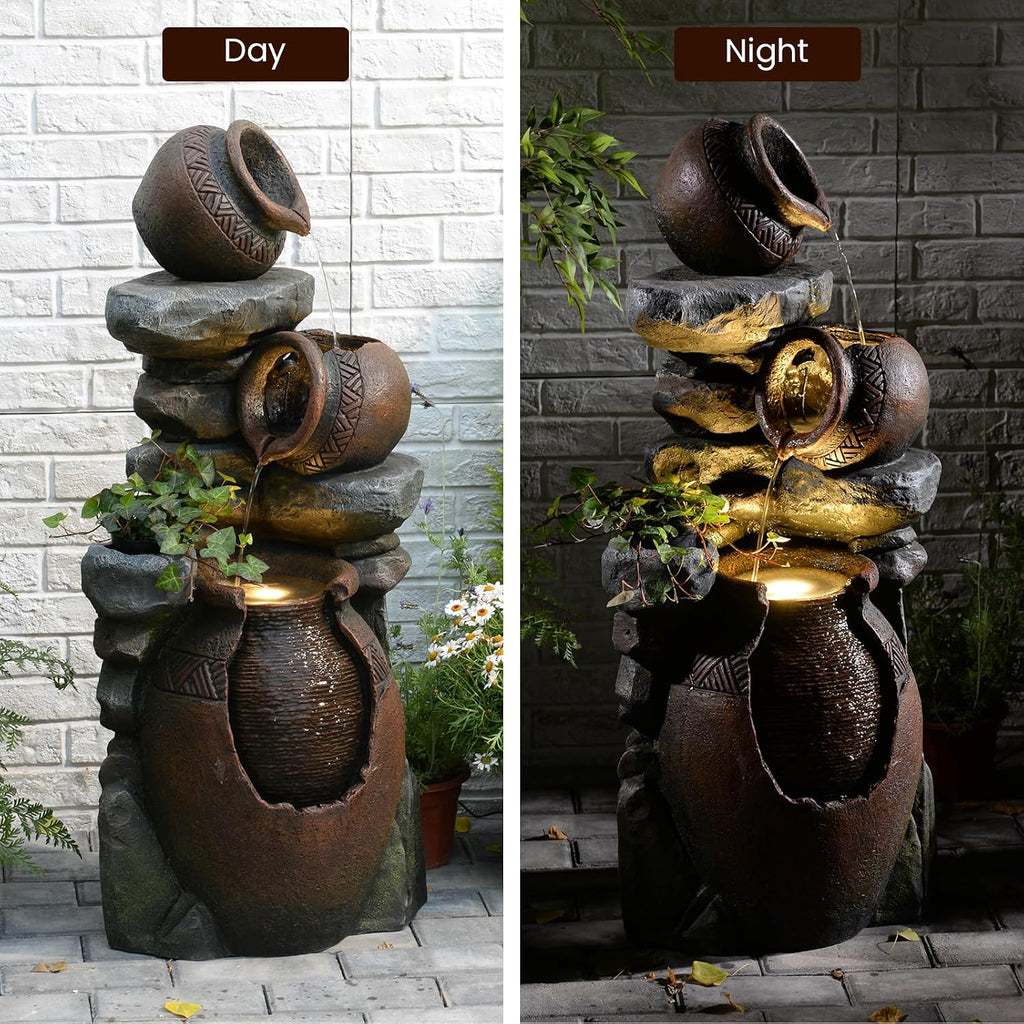 Rustic Jar Outdoor Water Fountain with Planter 38.5' Large Tiered Waterfall with Warm LED Lights, Handcrafted Resin Fountain for Zen Garden, Deck & Indoor Home Decor