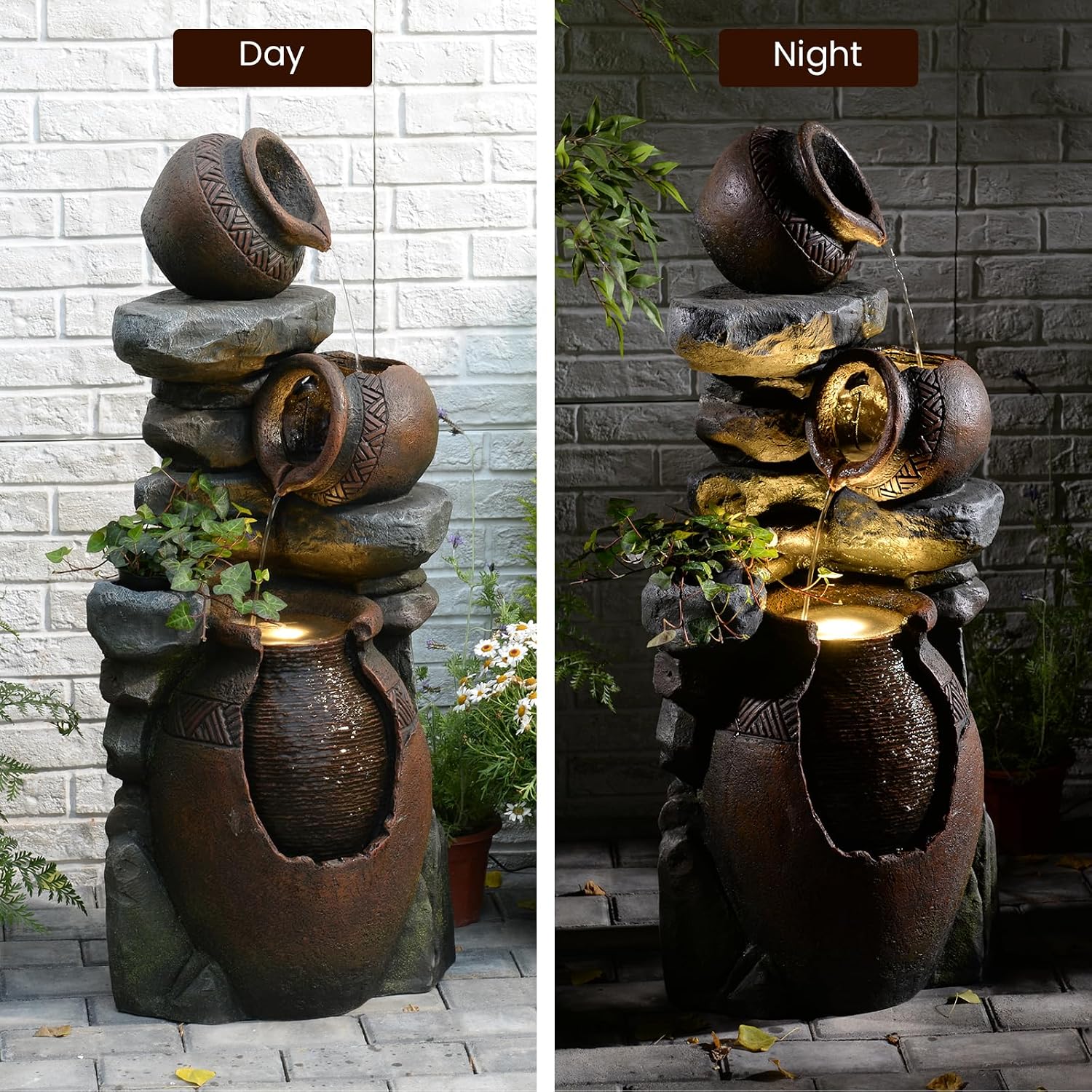 Rustic Jar Outdoor Water Fountain with Planter 38.5' Large Tiered Waterfall with Warm LED Lights, Handcrafted Resin Fountain for Zen Garden, Deck & Indoor Home Decor