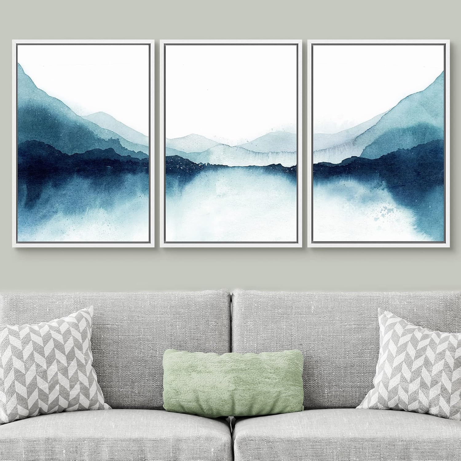 SIGNWIN Framed Canvas Print Wall Art Set Teal Duotone Mountain Lake Reflection Nature Wilderness Illustrations Modern Art Decorative Scenic Rustic for Living Room, Bedroom, Office - 24'x36'x3 White