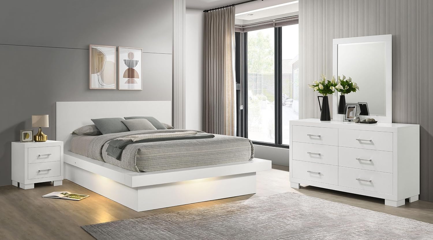 Coaster Home Furnishings Jessica Contemporary 4-Piece Bedroom Set Queen Size LED Panel Bed Frame 43-inch Headboard Snow White 202990Q-S4