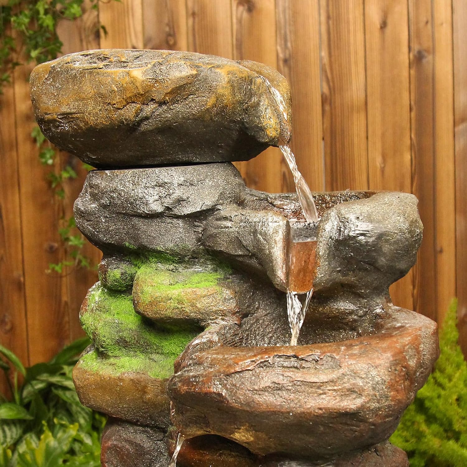 YZM 6-Tiered Outdoor Floor Rock Water Fountain Cascading Waterfall Fountains Indoor Led Lights for Home Garden Patio with Natural Stone Look 37.4' H