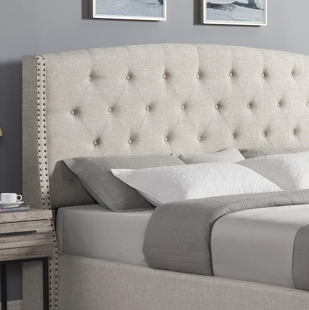 Roundhill Furniture Astral 3-Piece Upholstered Bedroom Set, Tufted Wingback Bed with Two White Nightstands, Queen