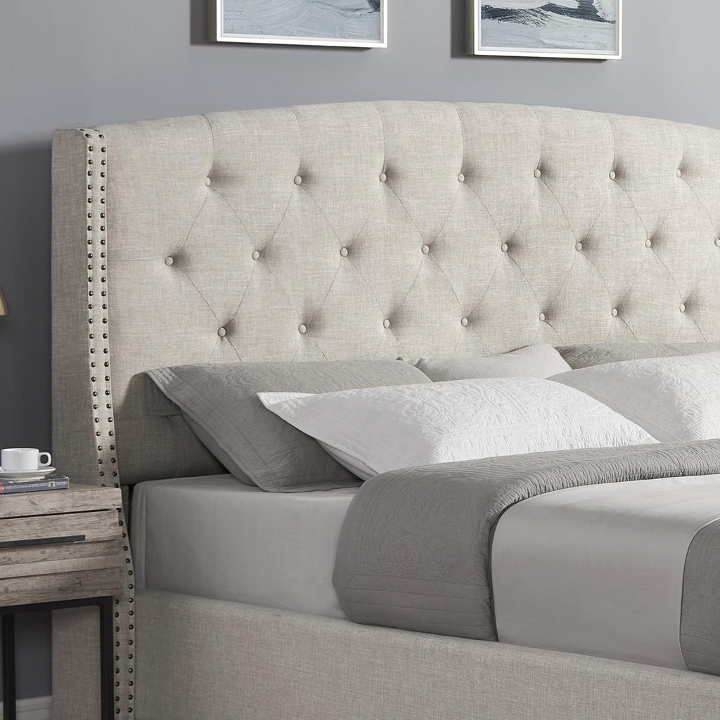 Roundhill Furniture Astral 3-Piece Upholstered Bedroom Set, Tufted Wingback Bed with Two Gray Nightstands, Queen