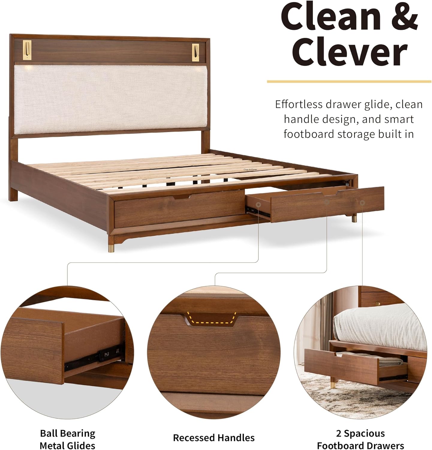 Furniture of America Forma Mid-Century Modern Solid Wood 2-Piece Bedroom Collection, Storage Bed Frame with LED Reading Light and Nightstand with Power Ports, No Box Spring Needed, Walnut, Queen