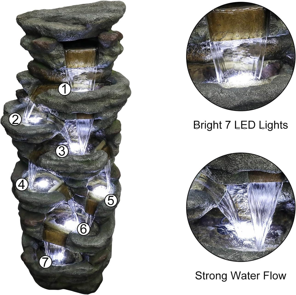 Naturefalls 51' Extra Large Outdoor Water Fountain - Waterfall Fountain with 7 LED Lights, 7-Tiers Cascading, Poly-Resin Indoor and Outdoor Fountain for Garden, Patio, Backyard, Lawn, Yard Decor