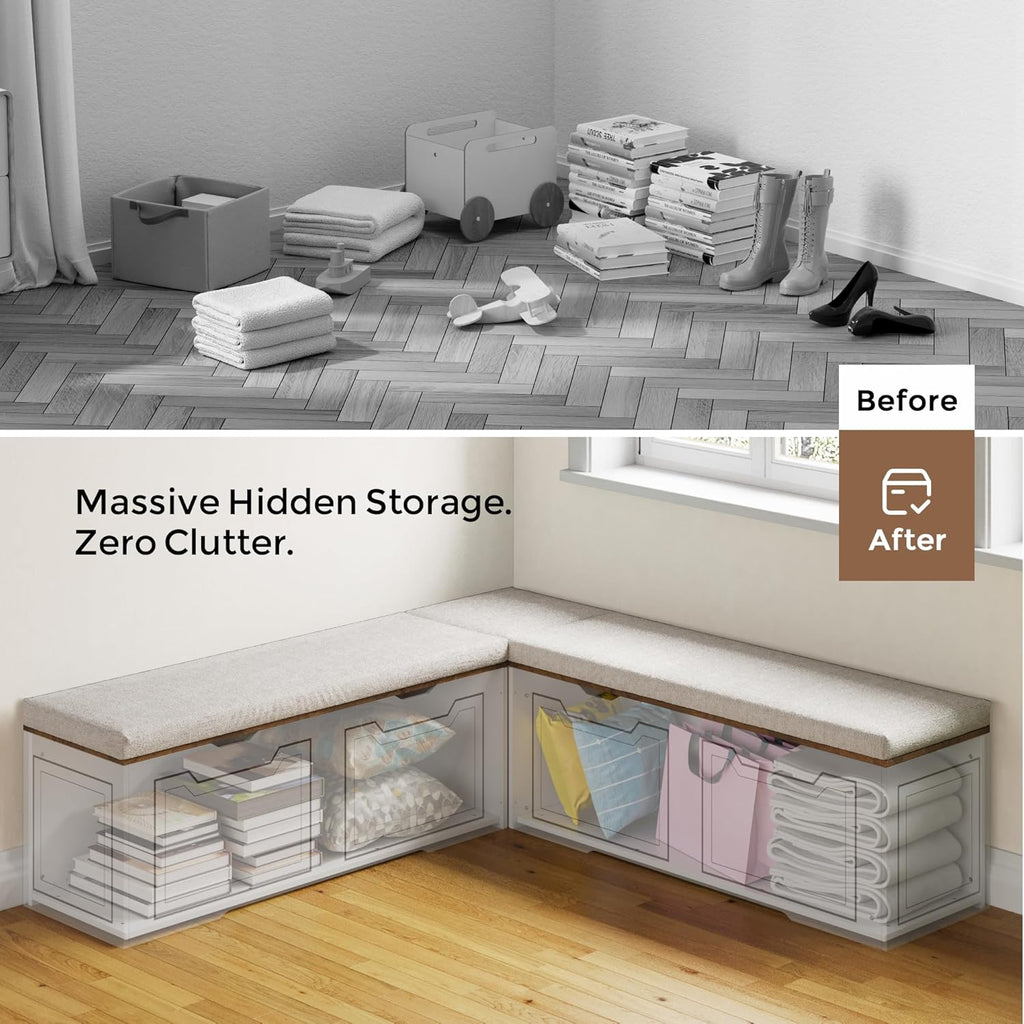 L Shaped Corner Bench with Storage, Breakfast Nook Bench, 63' L-Shaped Kitchen Nook Seating, Hidden Flip-Top Storage Compartments for Entryway, Dining Room, Hallway, Cloakroom, w/Grey Cushion
