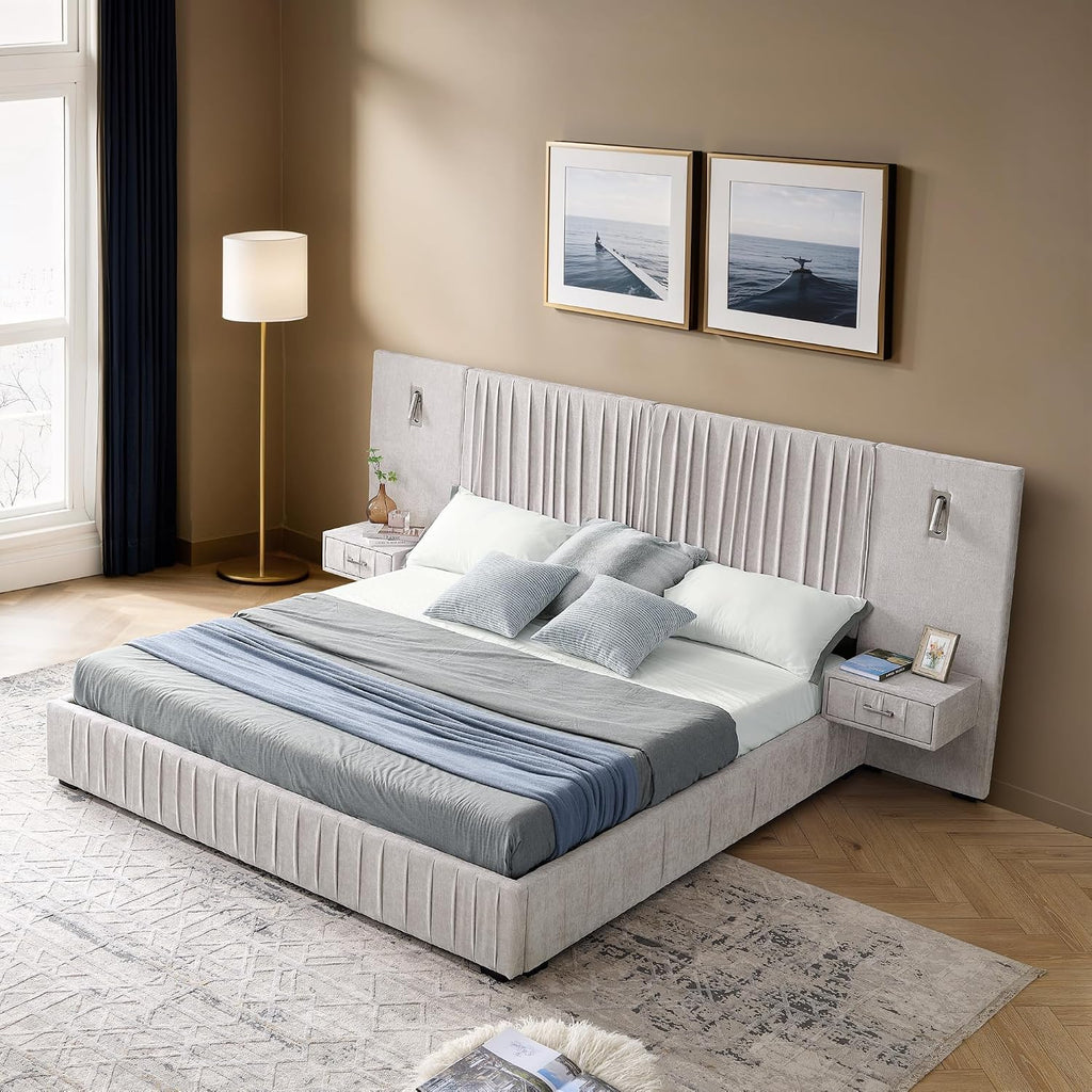 Queen Size Upholstered Platform Bed Frame with Headboard & Built-in Nightstand, Luxury Bed Frame for Modern Bedroom Sets, No Box Spring Needed, Stable & Adjustable Lighting(Beige)