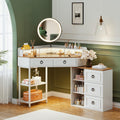 Lvifur Corner Vanity Desk with Mirror and Lights,White Corner Makeup Vanity with Charging Station, 3 Color Led Light Settings, 5 Drawers, and Open Shelves for Bedroom, Women, and Girls