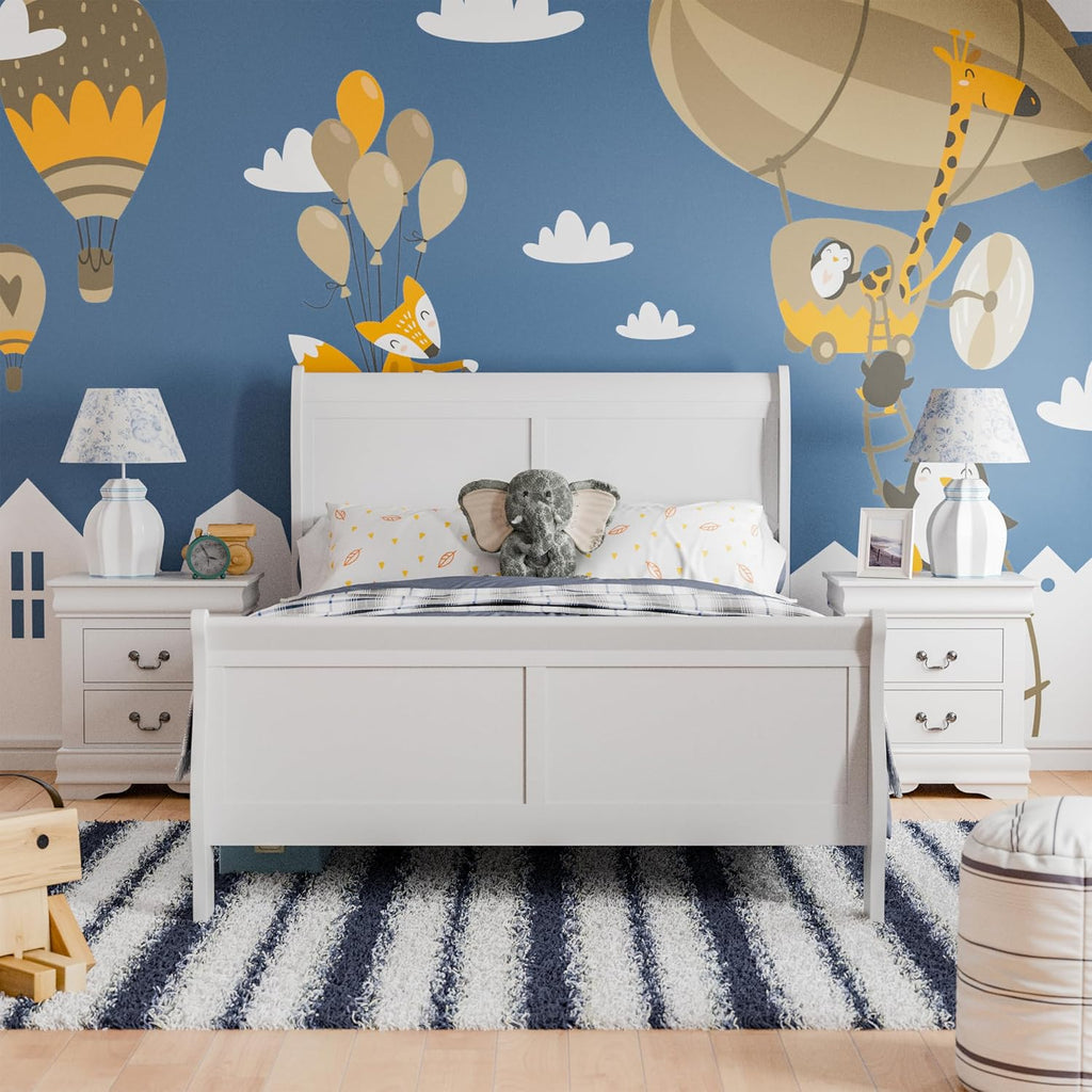 Furniture of America Louis Phillipe Traditional Solid Wood 3 Piece Bedroom Set, Twin Bed Frame and Nightstands Set of 2, Chic Sleigh Bedframe with Headboard and Footboard, Box Spring Needed, White