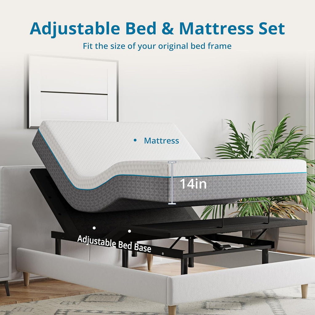 EGOHOME Twin XL Adjustable Bed Frame and 14 inch Charcoal Gel Memory Foam Mattress, Independent Head and Foot Incline with Massage Foldable Bed, Wireless Remote, Zero Gravity, No Headboard