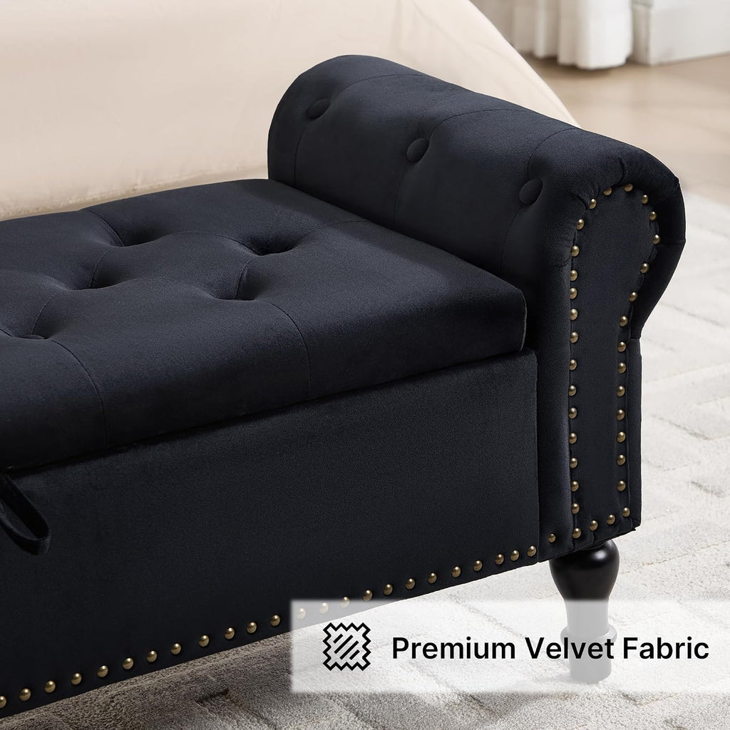 Storage Bench for Bedroom, 51' Upholstered End of Bed Bench, Velvet Queen Size Benches with Rolled Arms, Tufted Button Storage Long Ottoman, Living Room, Entryway, Black