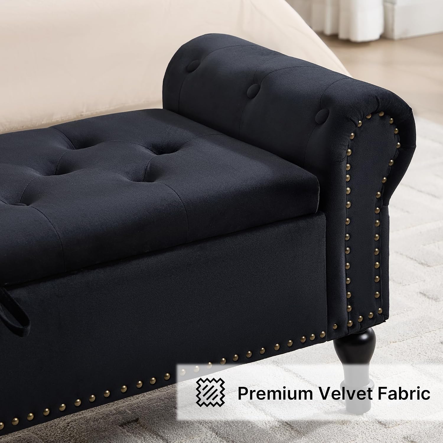 Storage Bench for Bedroom, 51' Upholstered End of Bed Bench, Velvet Queen Size Benches with Rolled Arms, Tufted Button Storage Long Ottoman, Living Room, Entryway, Black
