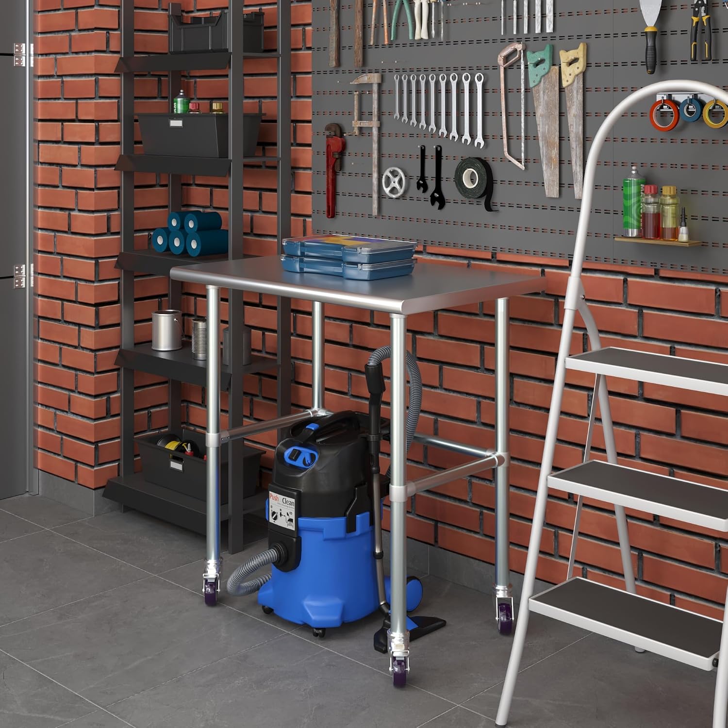 AmGood Stainless Steel Work Table Open Base & Wheels | Work Station | Metal Work Bench (Stainless Steel Work Table Open Base + Casters, 36' Long x 24' Deep)