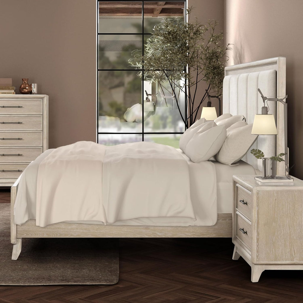 Furniture of America Veralyn Modern Solid Wood Brown Bed Frame with Channel Padded Headboard, Wooden Bedframe for Bedroom, Guest Room, Box Spring Required, Oak, Queen