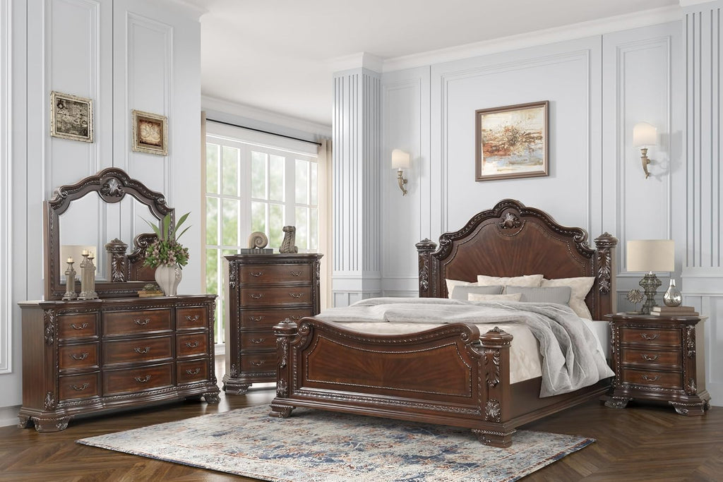 Traditional Style 5 Pc King Bedroom Set with Intricate Wood Carvings Made with Wood in Walnut
